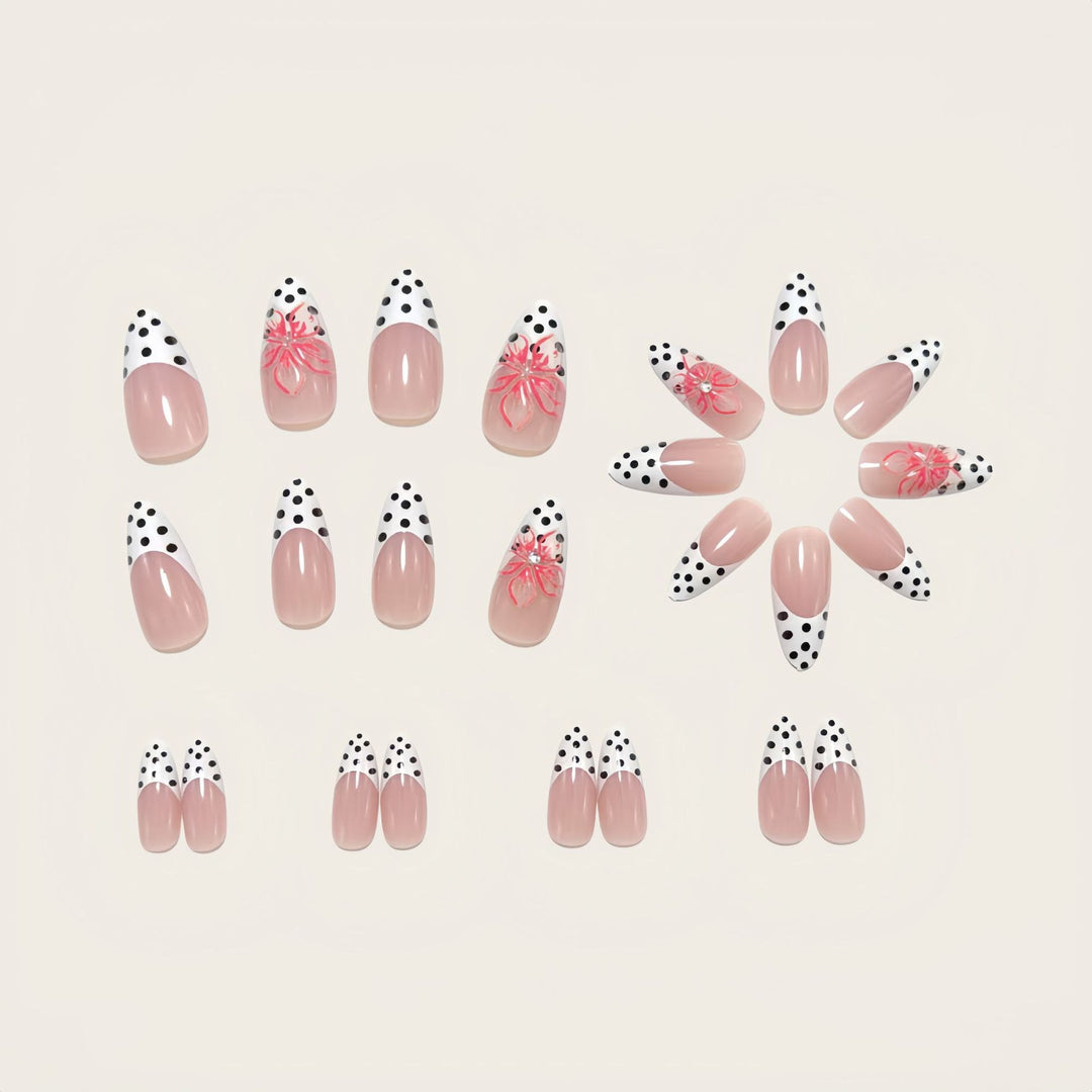 Artificial nails with elegant flower design and dots Bowlift