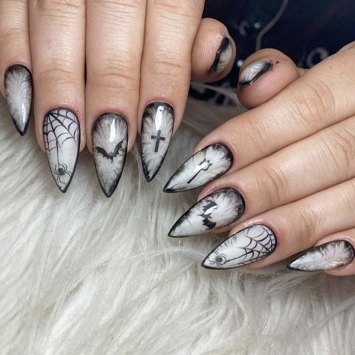 Gothic Halloween-Themed Stiletto Nail Art Extensions Bowlift