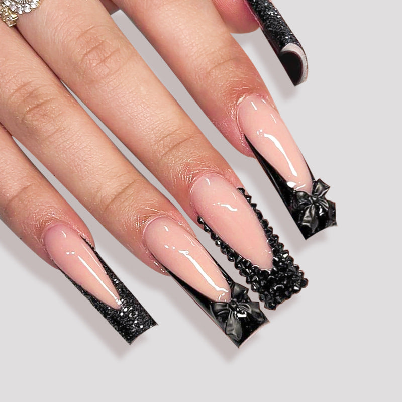 Premium Decorative Press-On Nail Set with Artistic Bow and Glitter Accents Bowlift