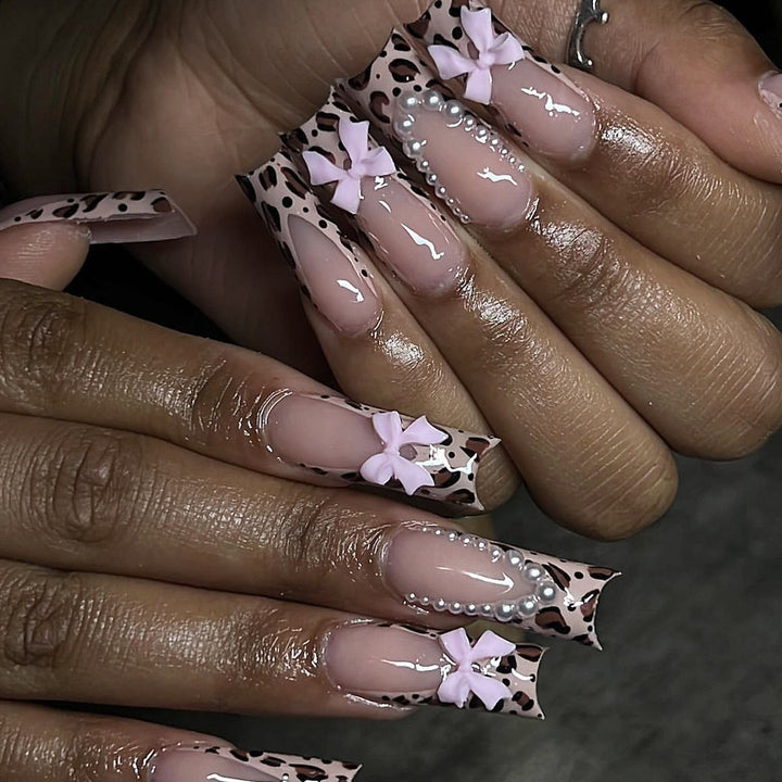 Exquisite Long Nail Art Set with Bow Accents Bowlift