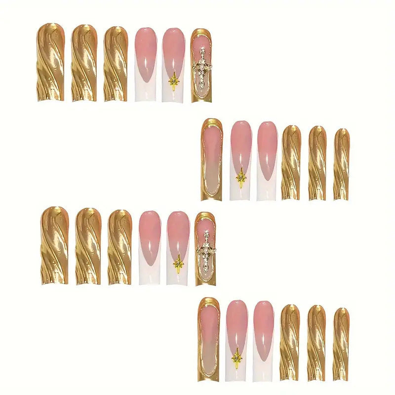Elegant Press-On Nail Art with Gold Accents Bowlift