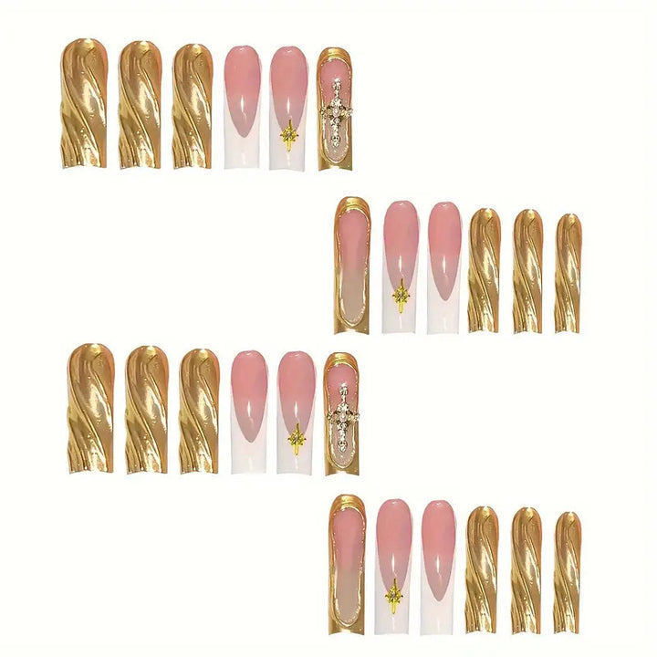 Elegant Press-On Nail Art with Gold Accents Bowlift