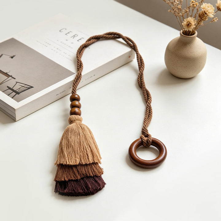 Decorative Layered Tassel Curtain Tieback with Wooden Beads and Loop Ring Bowlift