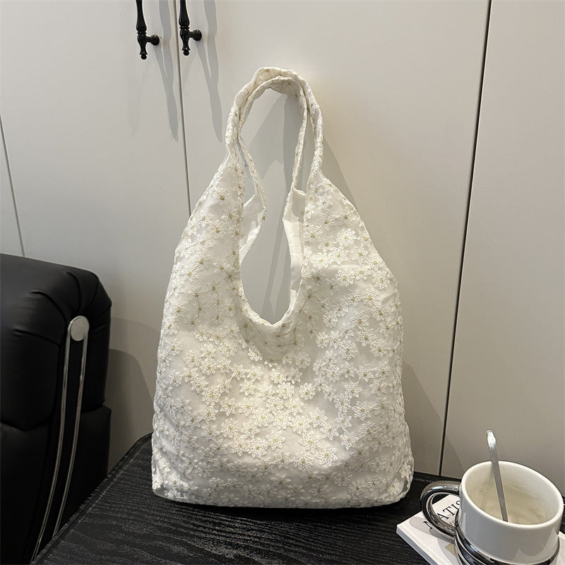 Elegant Floral Embroidered Grocery Tote Bag Bowlift