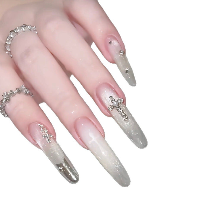 Elegant Decorative Press-On Nail Set with Rhinestone Cross Accents Bowlift