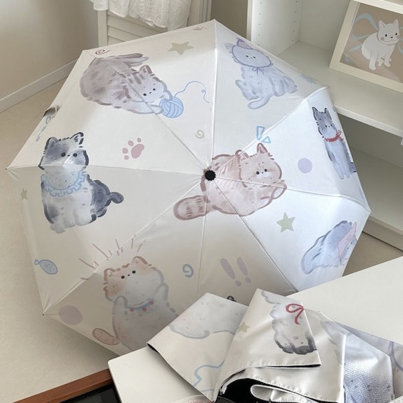 Women's Foldable Umbrella with Charming Cat Pattern Bowlift