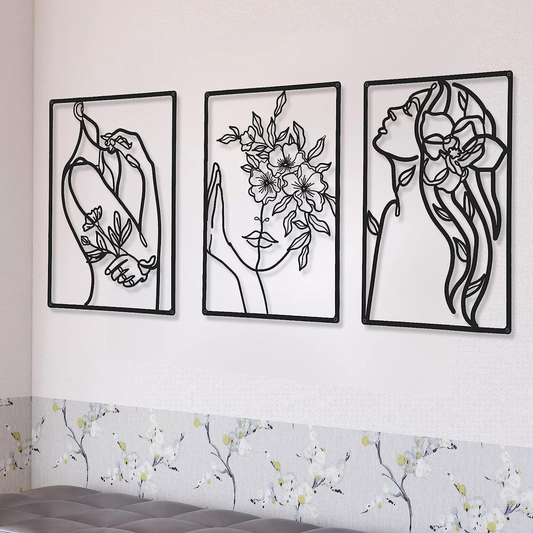 Minimalist Metal Line Art Floral Portrait Triptych Wall Panels Bowlift