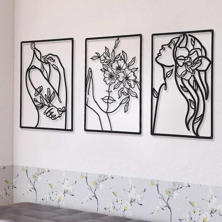 Minimalist Metal Line Art Floral Portrait Triptych Wall Panels Bowlift