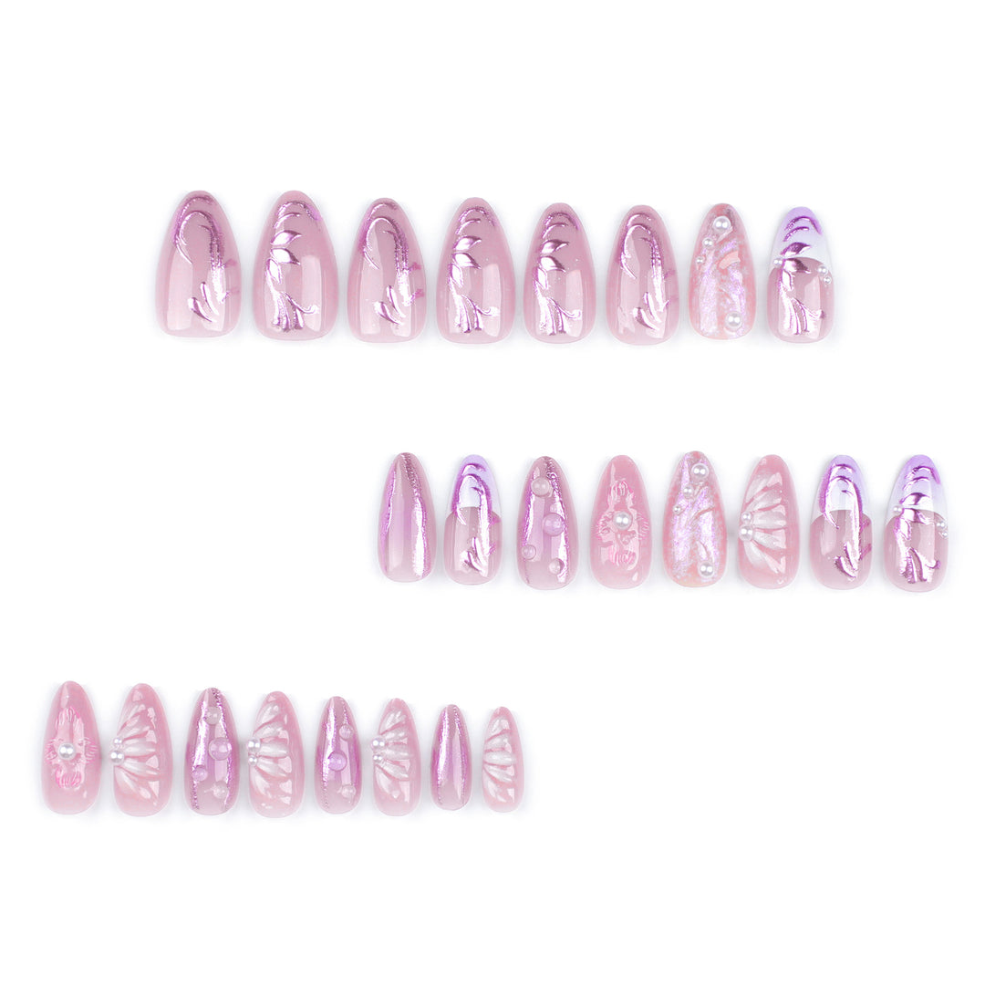 Artificial nail extensions with delicate floral designs and glitter accents Bowlift