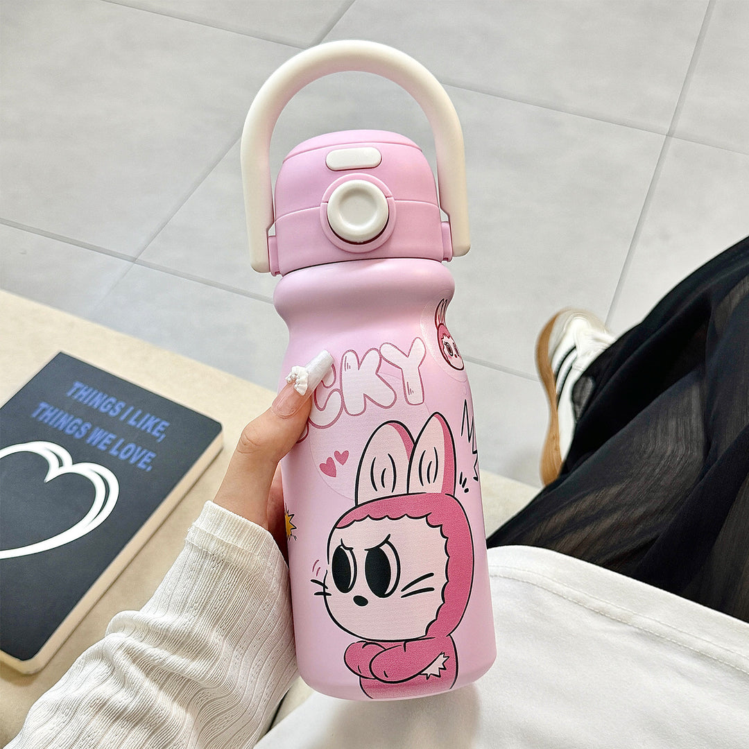 Women's water bottle with fun animal design and ergonomic carrying handle Bowlift