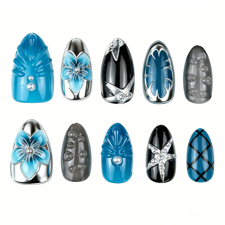 Artificial nails with floral and metallic accents Bowlift