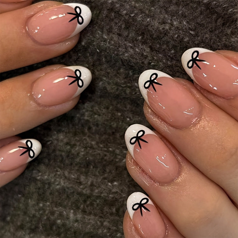 Stylish French Tip Press-On Nails with Bow Design Bowlift