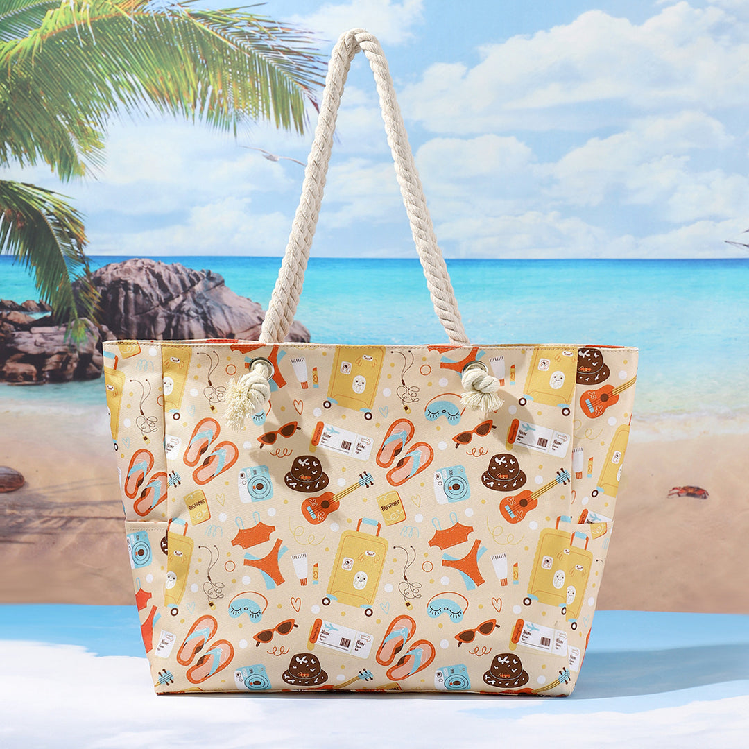 Large Canvas Rope-Handle Beach Tote Bag with Printed Flip-Flop Pattern Bowlift