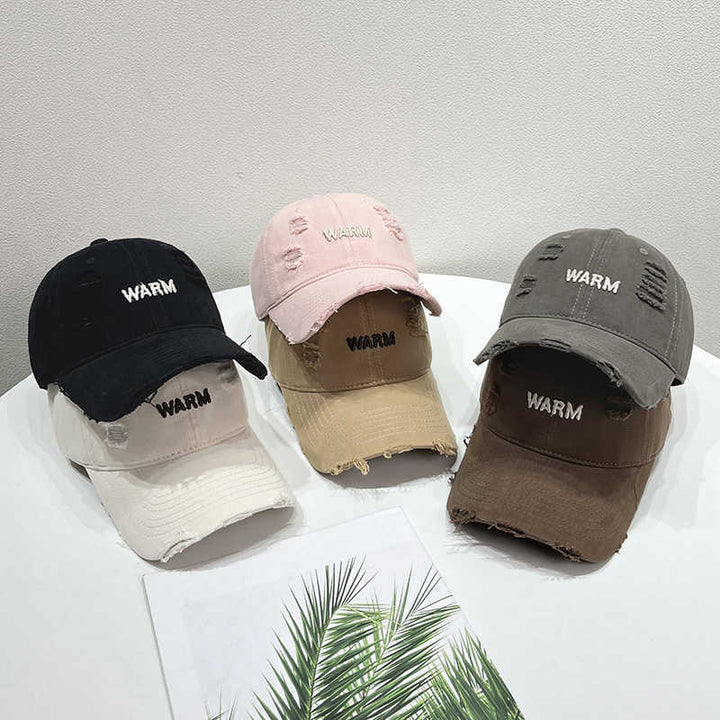 Women's Distressed Cotton Cap with Embroidered Message Bowlift