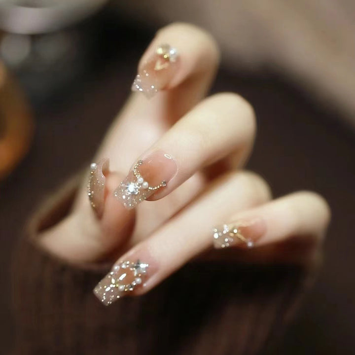 Elegant Decorative Press-On Nail Art Set with Gemstone Accents Bowlift