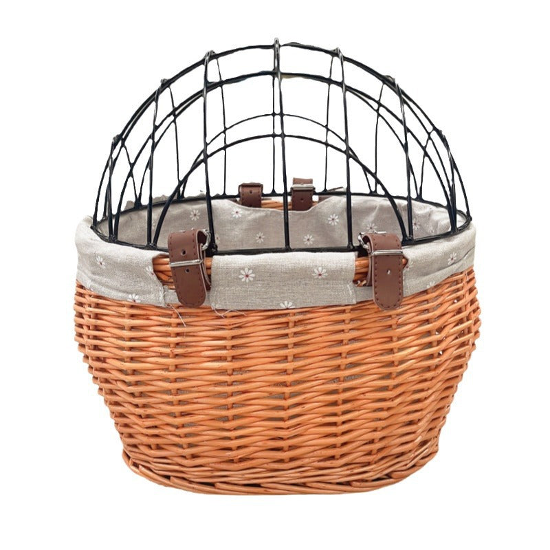 wicker bicycle pet carrier with removable washable liner and reinforced lockable metal dome Bowlift
