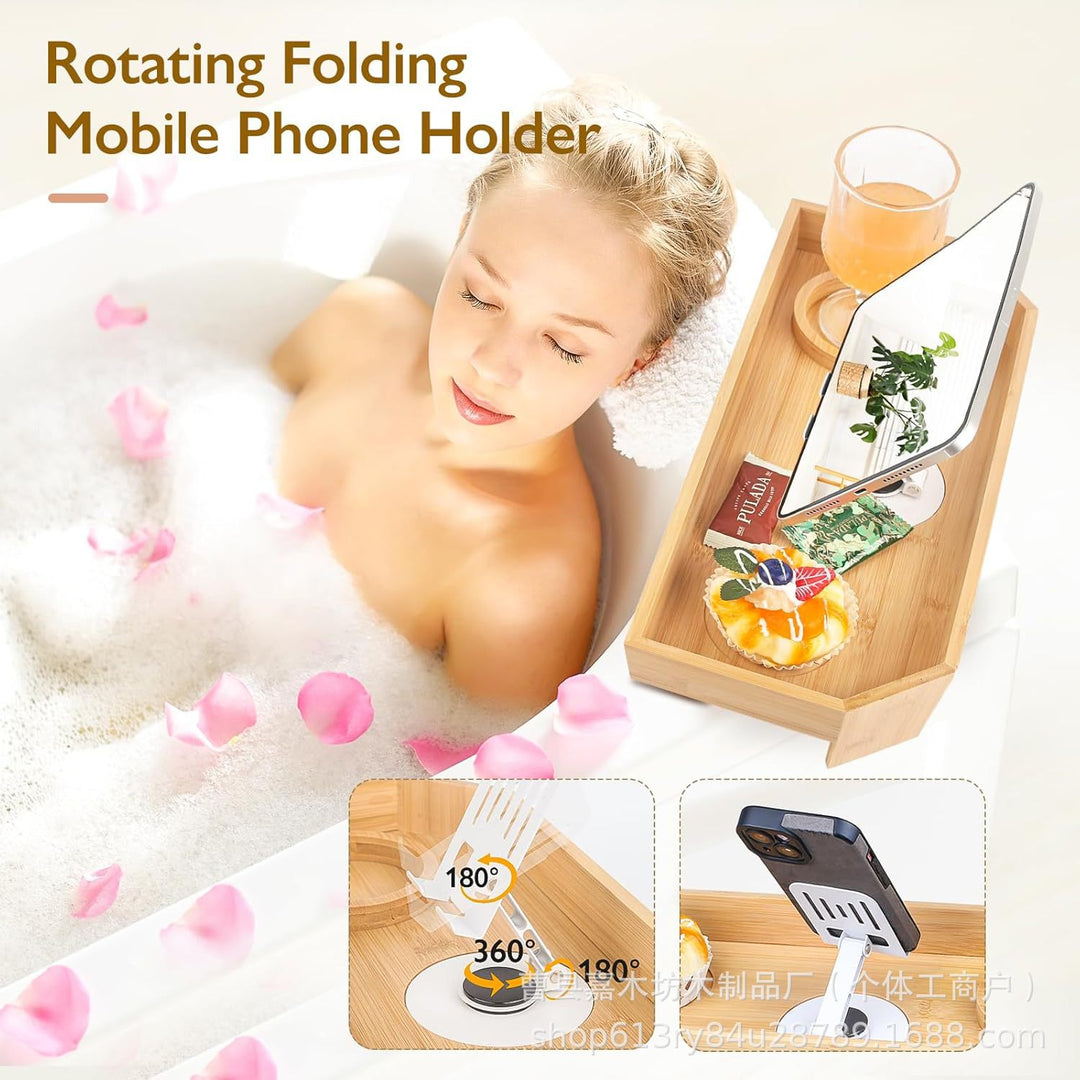 Adjustable Bamboo Bathtub Caddy With Foldable Tablet Stand And Drink Holder Bowlift