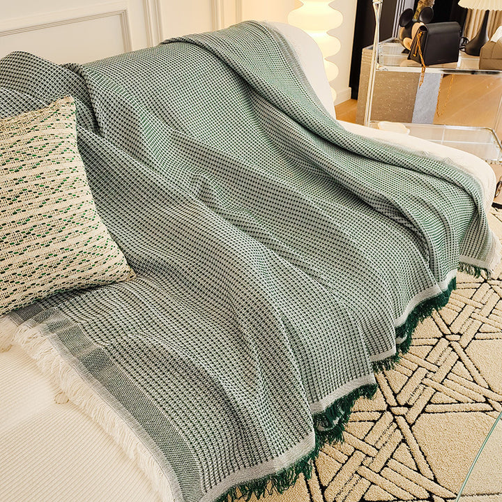 Waffle Weave Cotton-Linen Fringe Sofa Throw Blanket Bowlift