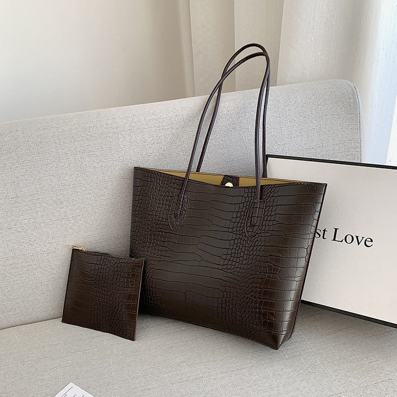 Crocodile-Embossed Tote Bag with Detachable Clutch Bowlift