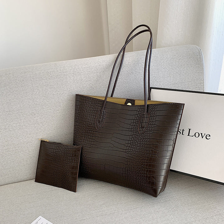 Crocodile-Embossed Tote Bag with Detachable Clutch Bowlift