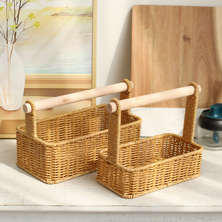 Handcrafted Woven Storage Basket with Wooden Handle Bowlift