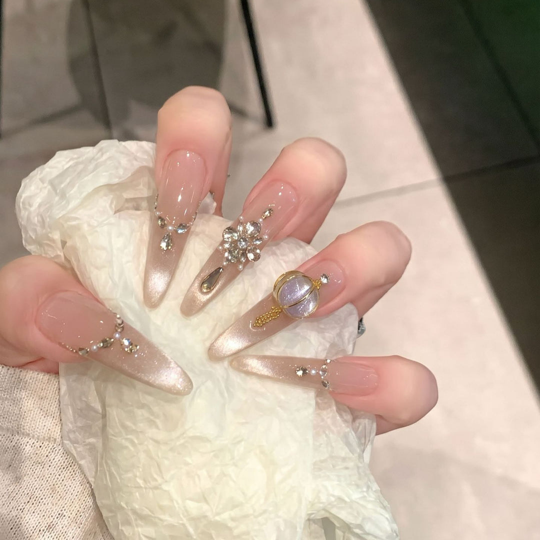 Decorative Stiletto Press-On Nail Set with Elegant Gemstone Embellishments Bowlift