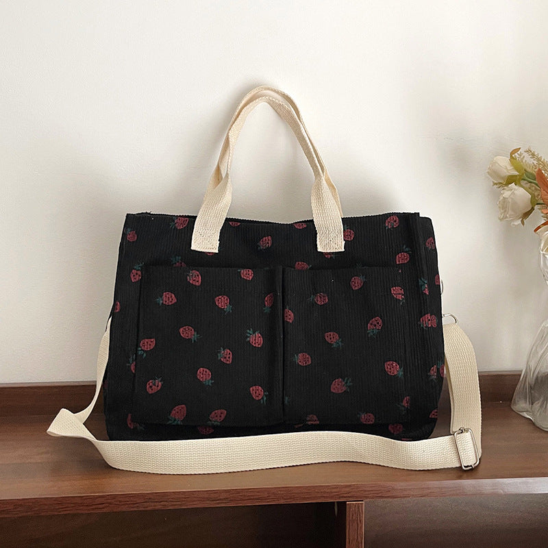 WoStylish Multi-Pocket Strawberry Print Canvas Tote Bag Bowlift