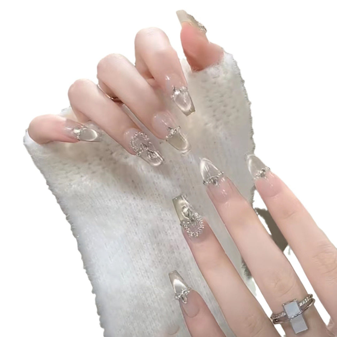 Elegant Press-On Nail Set with Rhinestone Detailing Bowlift