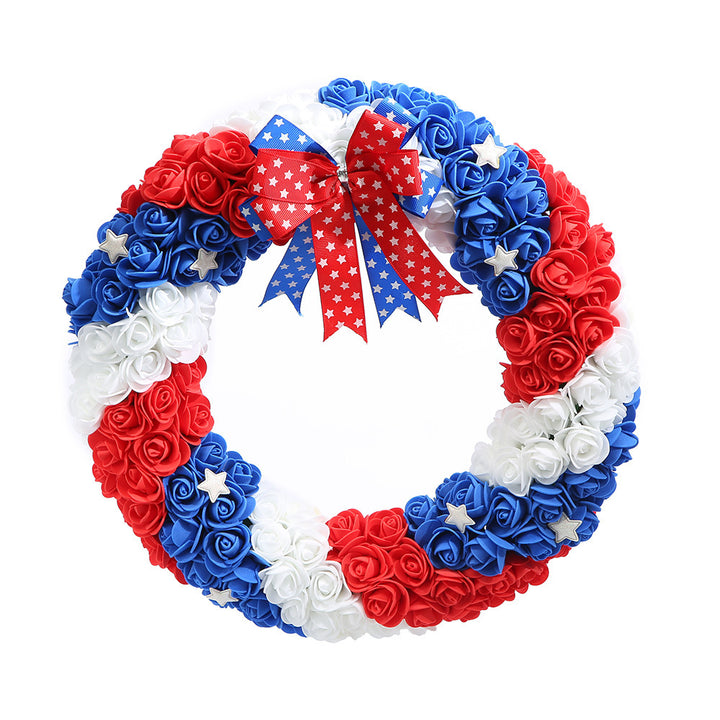 Unisex nan decorative foam rose door wreath with star appliqués and bow accent Bowlift