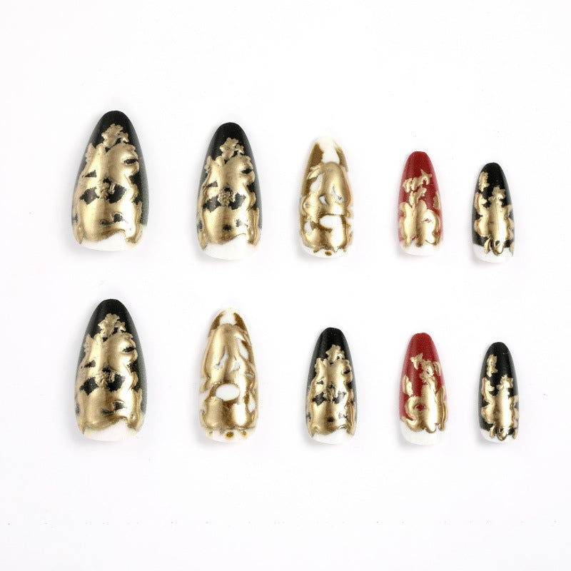 Elegant artificial nails with gold and black pattern Bowlift