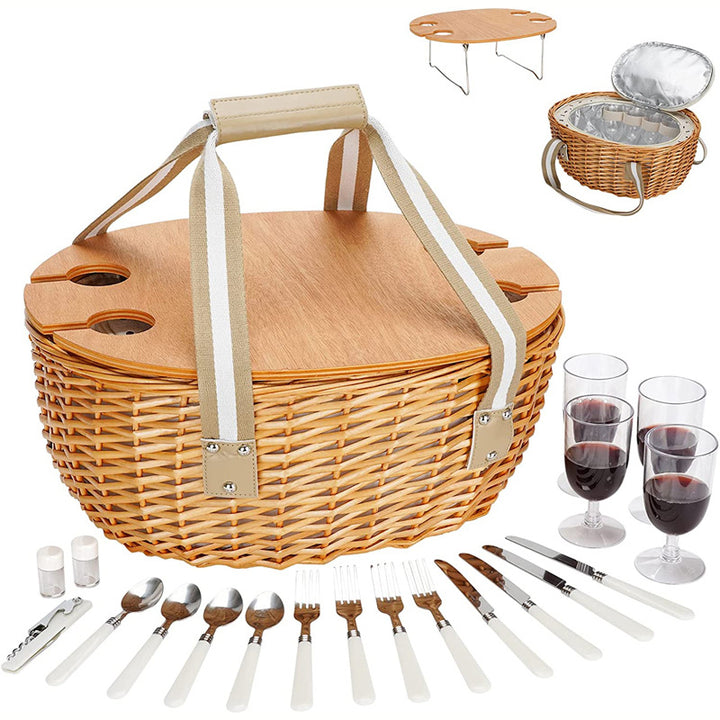 Ladies picnic basket with integrated cooling system and extensive dish set Bowlift