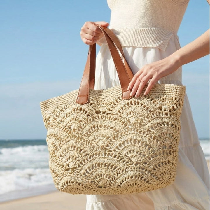 Macrame Shopping Bag with Elegant Leather Handles Bowlift
