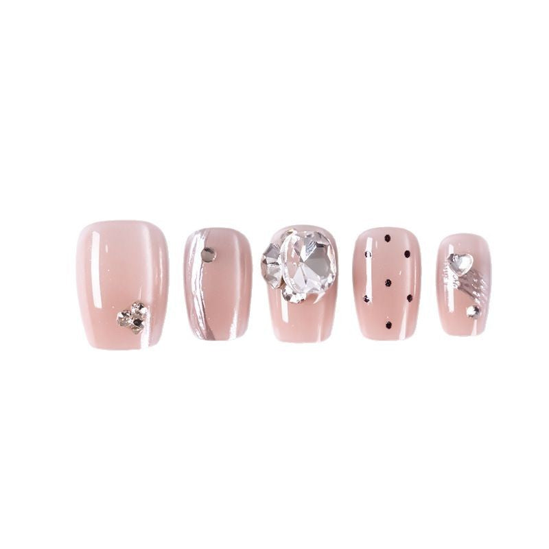 Artistic Press-On Nail Set with Rhinestone and Glossy Finish Bowlift