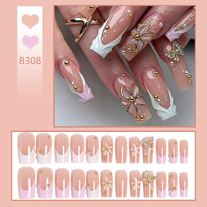 Artificial nail set with elegant floral and glitter decorations Bowlift