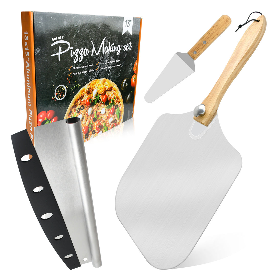 professional pizza peel set with foldable beech wood handle, aluminum paddle and stainless steel rocker cutter Bowlift