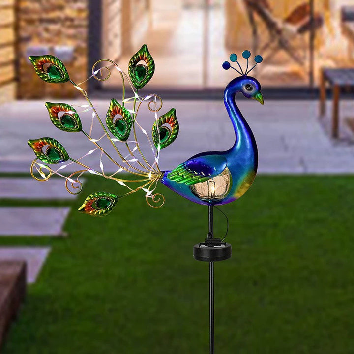 Decorative Metal Peacock Garden Stake Sculpture With Integrated LED Fairy Lights And Weatherproof Outdoor Stake Bowlift