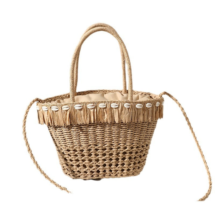 Braided straw bag with decorative tassel detail Bowlift