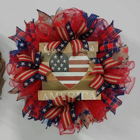 Unisex decorative country house door wreath with overlapping wooden stars and multiple ribbon bows Bowlift