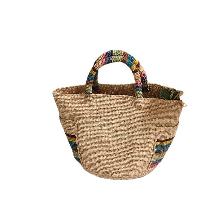 Handcrafted basket bag with colorful stripe accents Bowlift