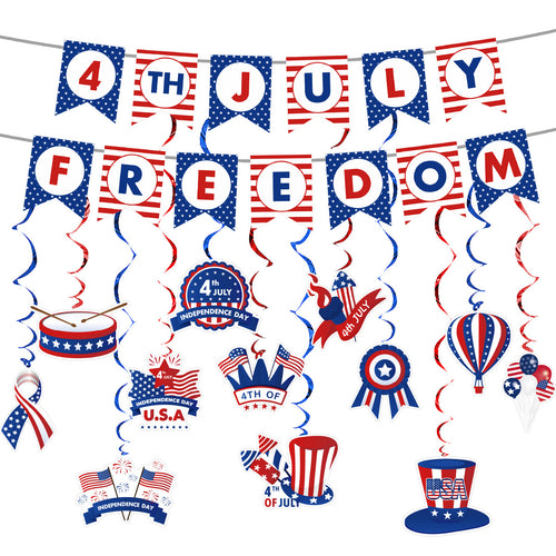Unisex hanging party decoration hanger with spirals, patriotic symbol pendants and hanging loops Bowlift