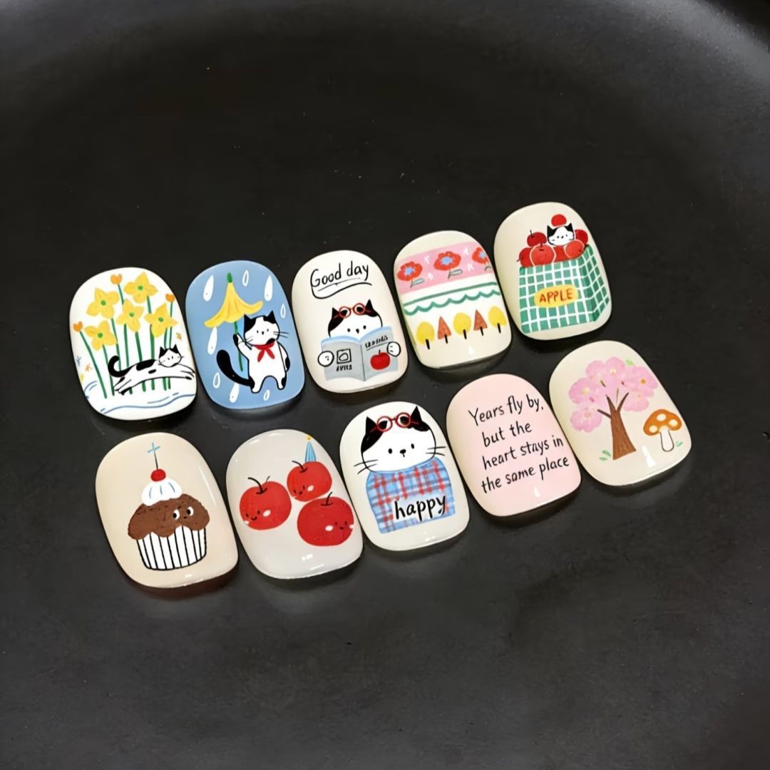 Artistic Cat-Themed Press-On Nail Art Set Bowlift