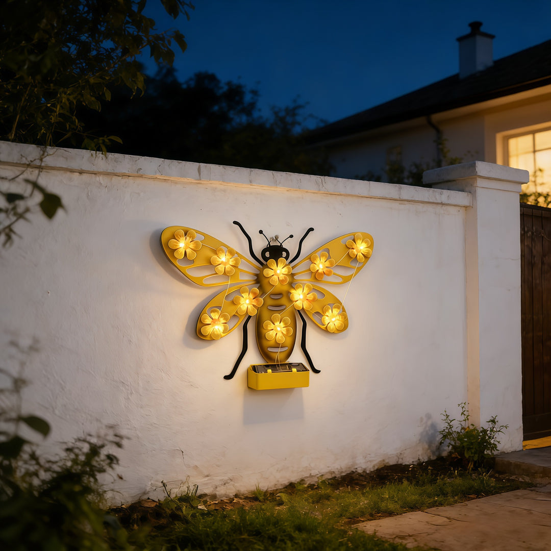 Decorative Solar LED Bee Wall Sculpture With Floral String Lights And Metal Mount Bowlift