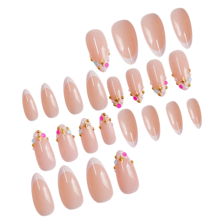 Decorative French Tip Nail Extensions with Gem Accents Bowlift