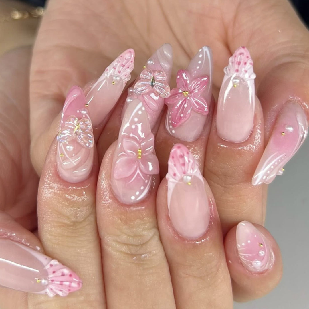 Artful Nail Extensions with Floral Accents Bowlift