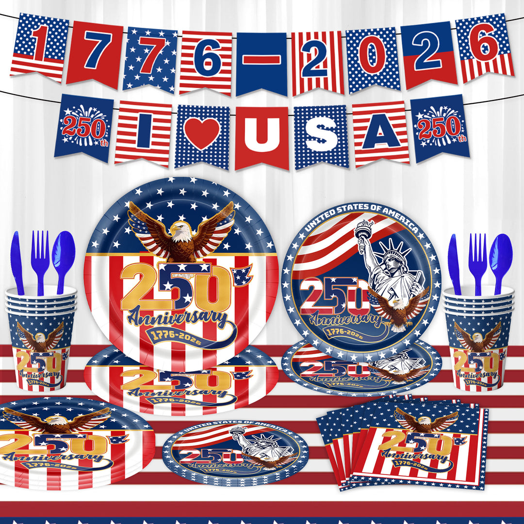 Unisex nan Patriotic Anniversary Disposable Tableware Party Kit with Stars Stripes Plates Cups Napkins Cutlery Banner Bowlift