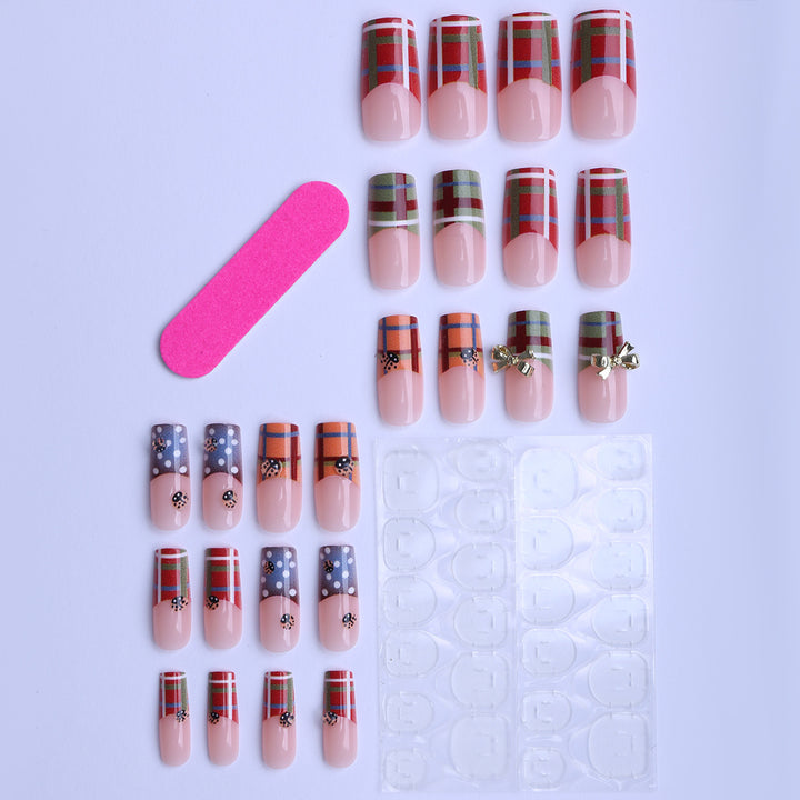 Artificial nails with unique plaid pattern and 3D applications Bowlift