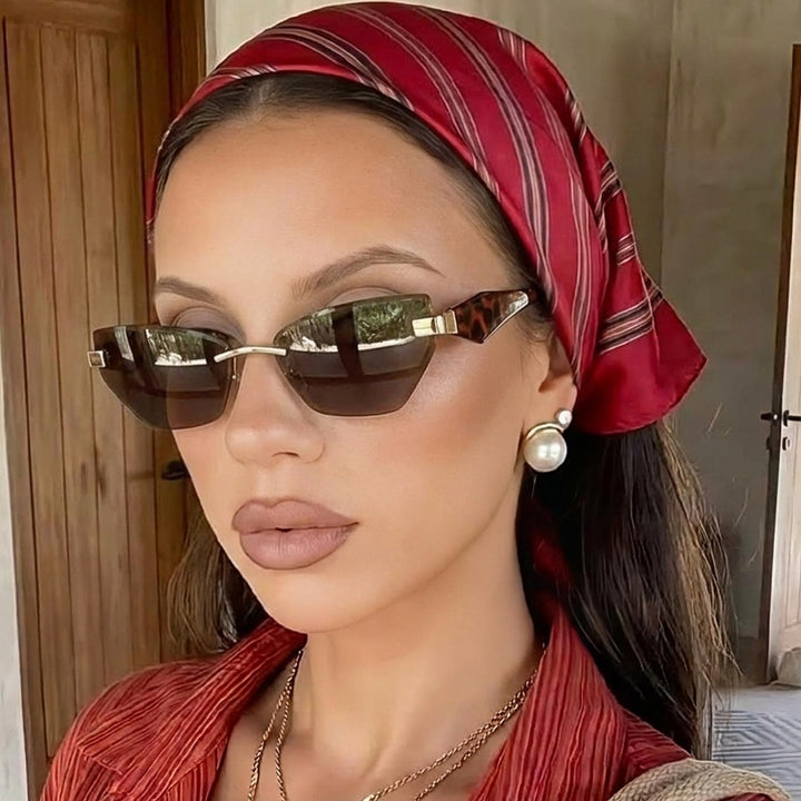 Rimless Geometric Cat-Eye Sunglasses with Sculpted Temples Bowlift