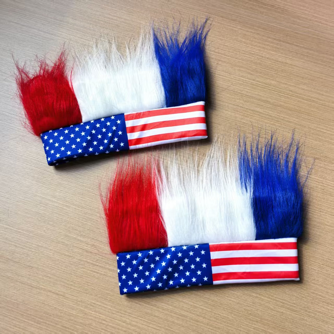 Unisex nan patriotic artificial hair headband with voluminous hair strands and flag motif Bowlift