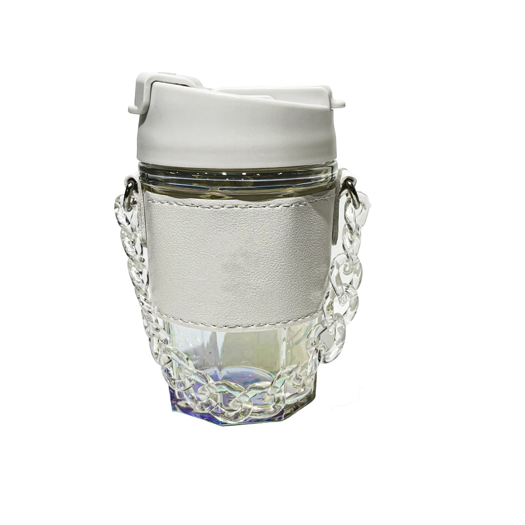 Ladies trendy glass cup with chain carrying strap Bowlift