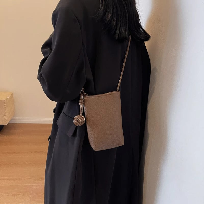 Pebbled Leather Mini Crossbody Phone Pouch with Knotted Strap Bowlift